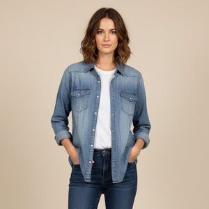 Cloth & Stone Blue Denim Button Down Shirt Large Roll Tab Sleeve Chambray P2P 20